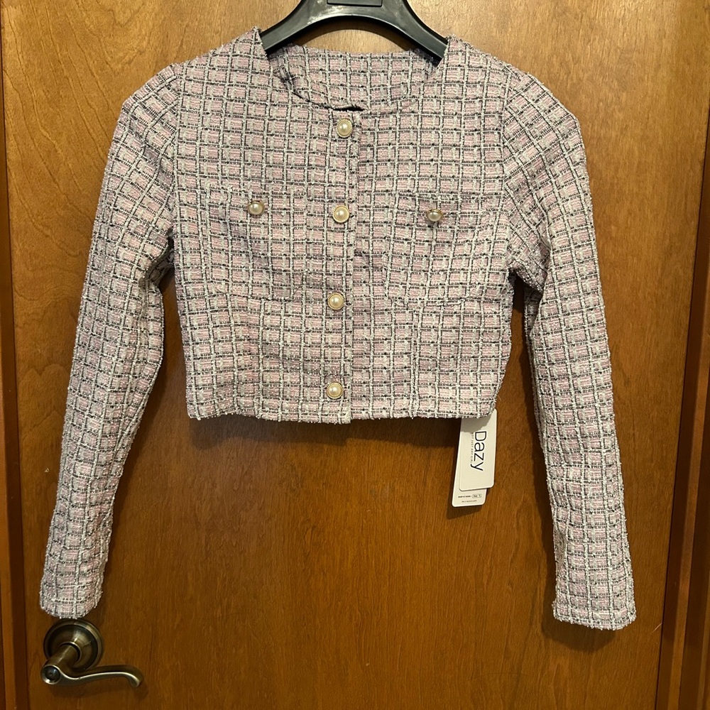 NWT Cropped pink, white, black, shimmery threading button down jacket small